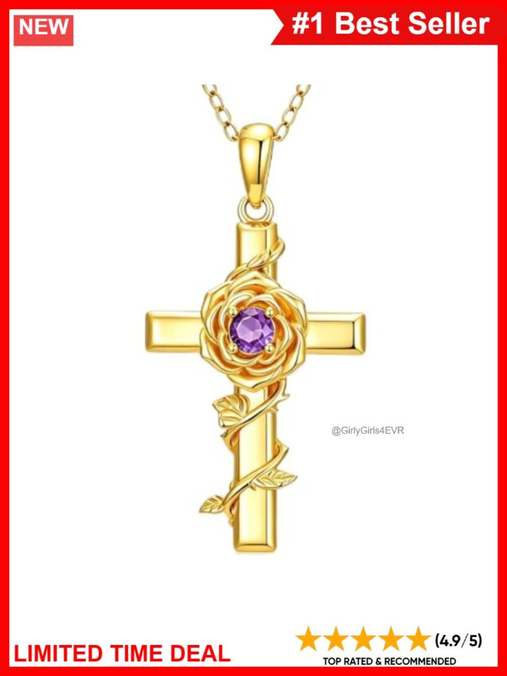 18K Gold Plated Rose Cross Pendant Necklace 18+2 Inch Adjustable O-Chain